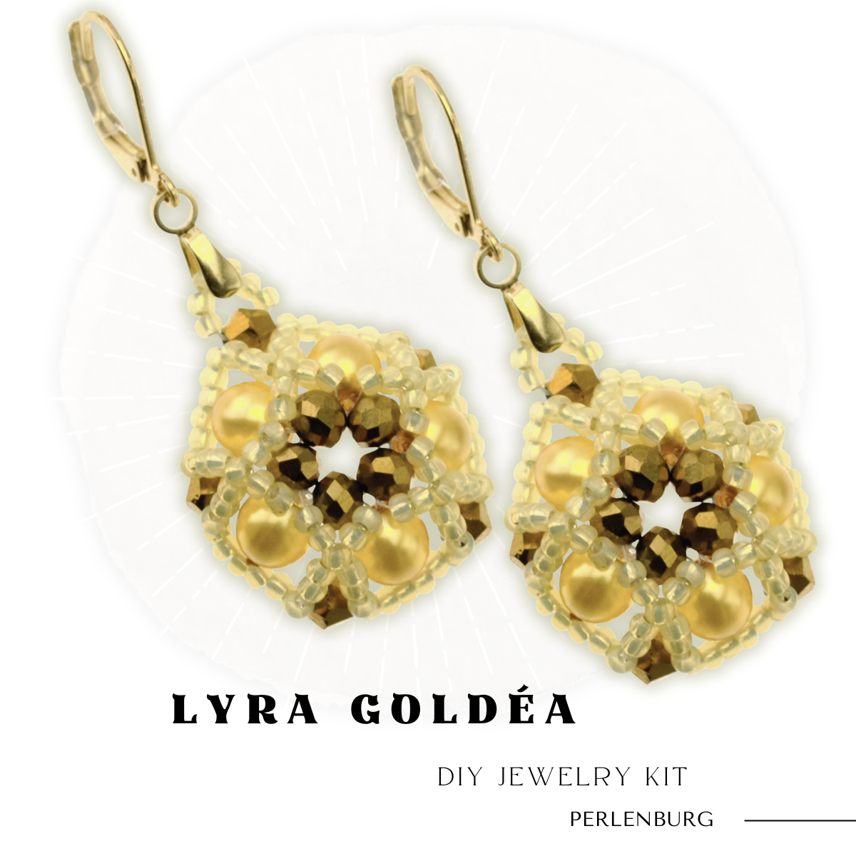 DIY-Set 585. Schmuckset „Lyra Goldéa“ – Ohrringe mit goldenen Perlen & Anleitung (Faden + Nadel gratis dazu)