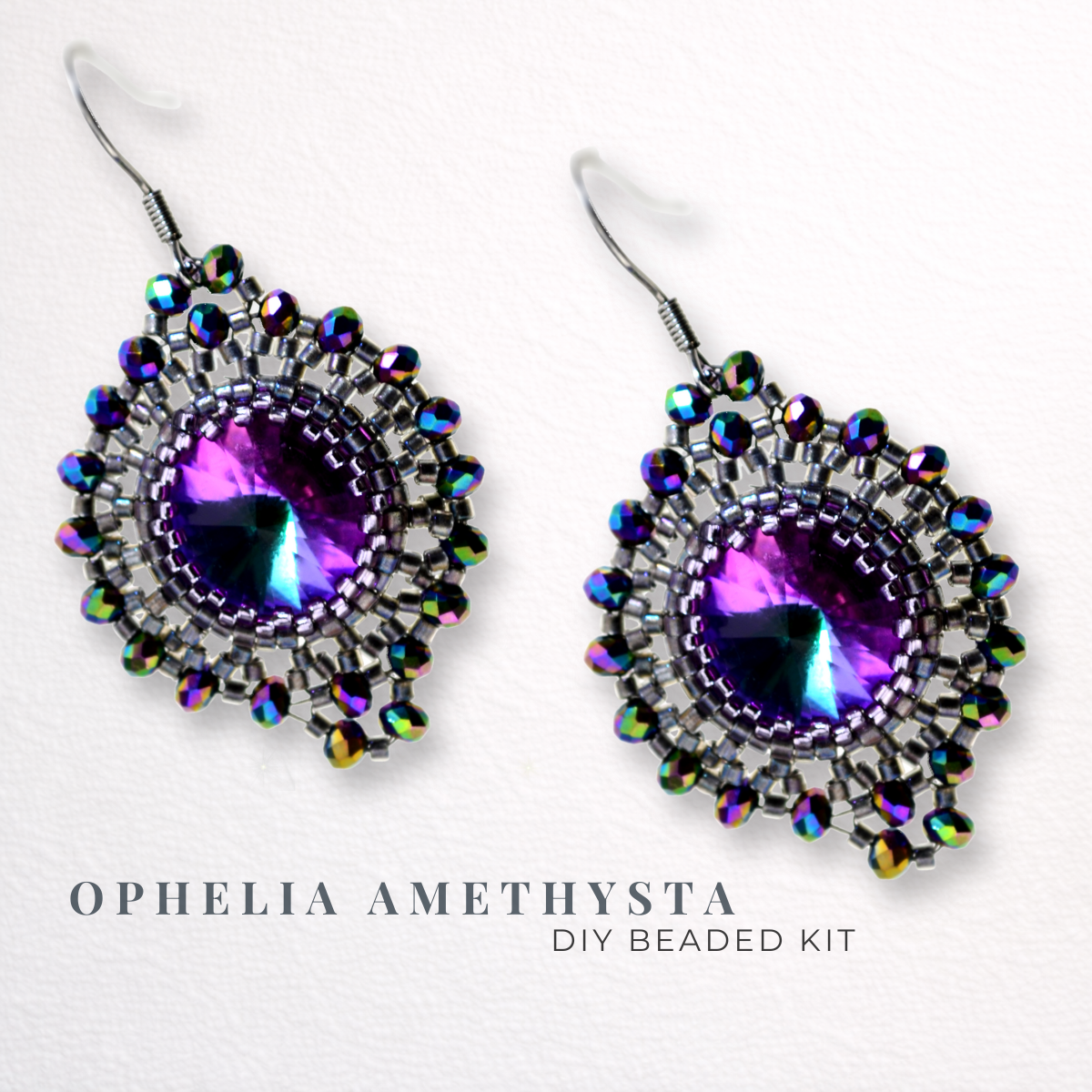 DIY-Set 904. Schmuckset „Ophelia Amethysta“ – elegante Ohrringe mit schimmerndem Amethyst-Rivoli und irisierenden Perlen, Ohrringe selber basteln.