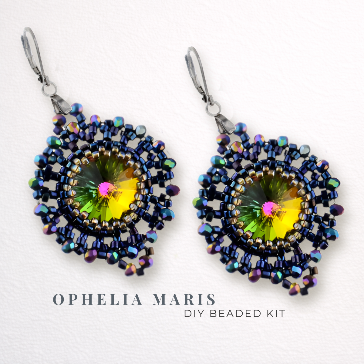 DIY-Set 904. Schmuckset „Ophelia Maris“ – farbenfrohe Ohrringe mit schimmerndem Rivoli und irisierenden Perlen, Ohrringe selber basteln im märchenhaften Design.